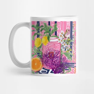 Grandmillennial pink and navy chinoiserie jar, bird and lemons Mug